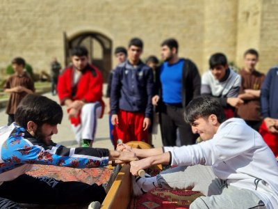 Sports Ambassador Khayyam Orujov and Arif Shakhlarov presented mas-wrestling at the Novruz holiday in Baku