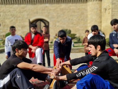 Sports Ambassador Khayyam Orujov and Arif Shakhlarov presented mas-wrestling at the Novruz holiday in Baku