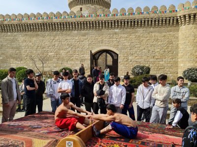 Sports Ambassador Khayyam Orujov and Arif Shakhlarov presented mas-wrestling at the Novruz holiday in Baku